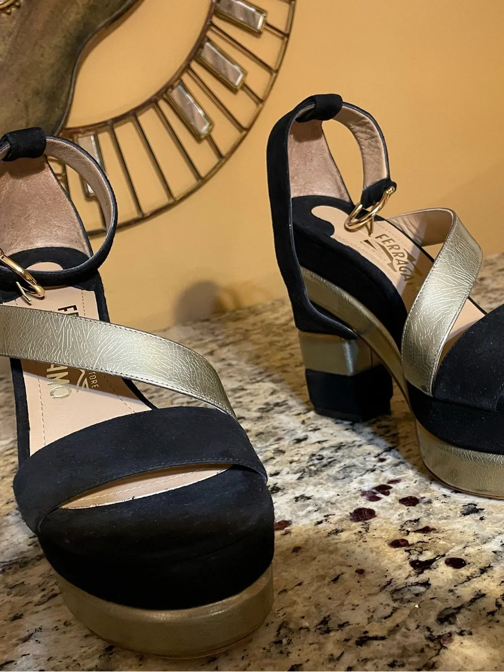 Salvatore Ferragamo Black and Gold Platform Sandals